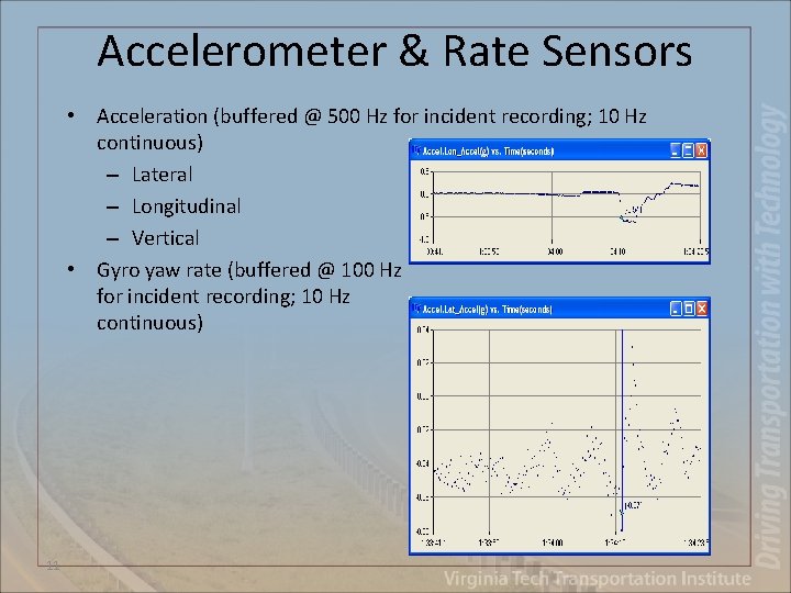 Accelerometer & Rate Sensors • Acceleration (buffered @ 500 Hz for incident recording; 10