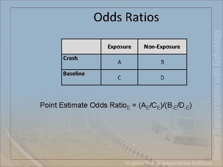 Odds Ratios Crash Baseline Exposure Non-Exposure A B C D Point Estimate Odds Ratio.