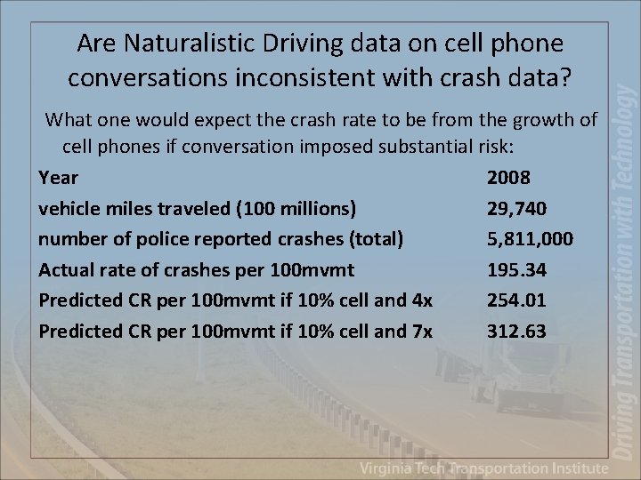 Are Naturalistic Driving data on cell phone conversations inconsistent with crash data? What one