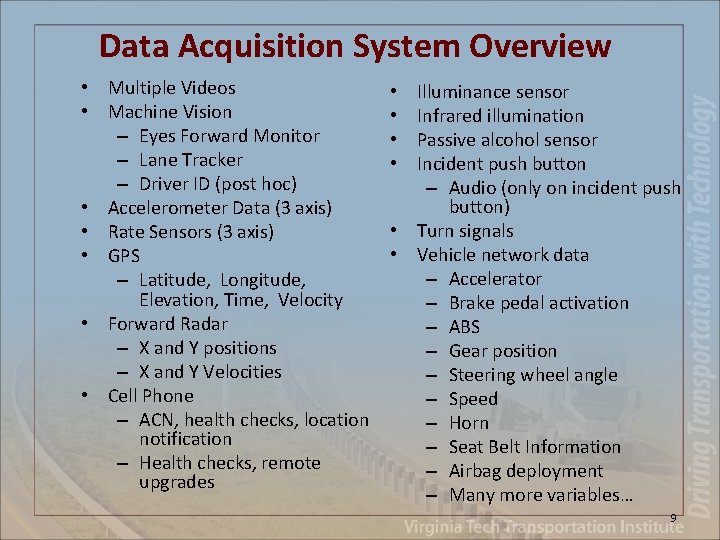 Data Acquisition System Overview • Multiple Videos • Machine Vision – Eyes Forward Monitor