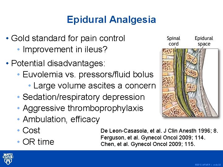 Epidural Analgesia • Gold standard for pain control • Improvement in ileus? • Potential