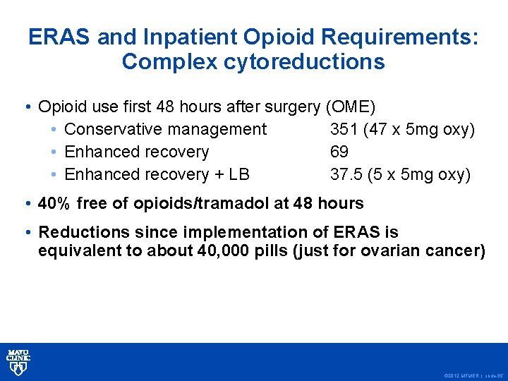 ERAS and Inpatient Opioid Requirements: Complex cytoreductions • Opioid use first 48 hours after
