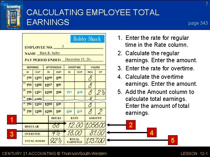 7 CALCULATING EMPLOYEE TOTAL EARNINGS 1 3 CENTURY 21 ACCOUNTING © Thomson/South-Western page 343