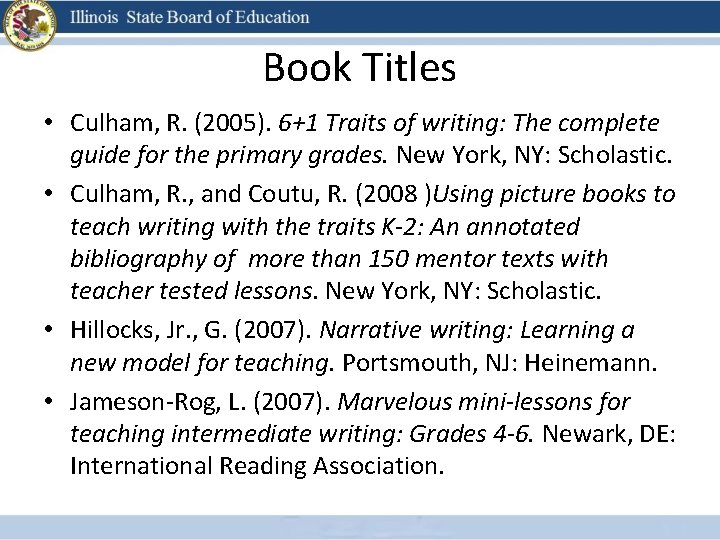 Book Titles • Culham, R. (2005). 6+1 Traits of writing: The complete guide for