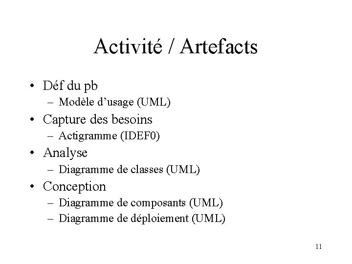 Activité / Artefacts • Déf du pb – Modèle d’usage (UML) • Capture des