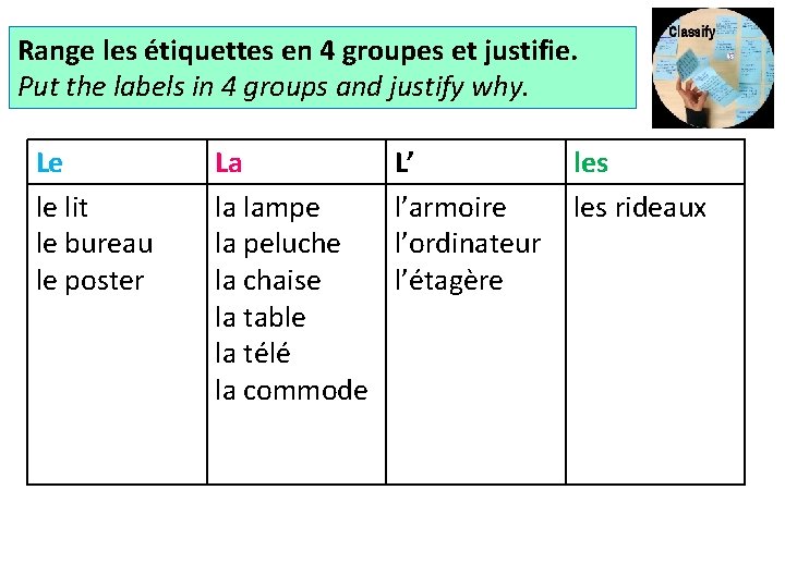 Range les étiquettes en 4 groupes et justifie. Put the labels in 4 groups