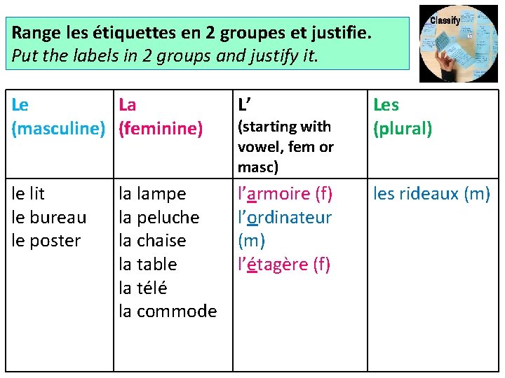 Range les étiquettes en 2 groupes et justifie. Put the labels in 2 groups