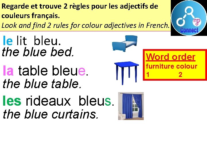 Regarde et trouve 2 règles pour les adjectifs de couleurs français. Look and find