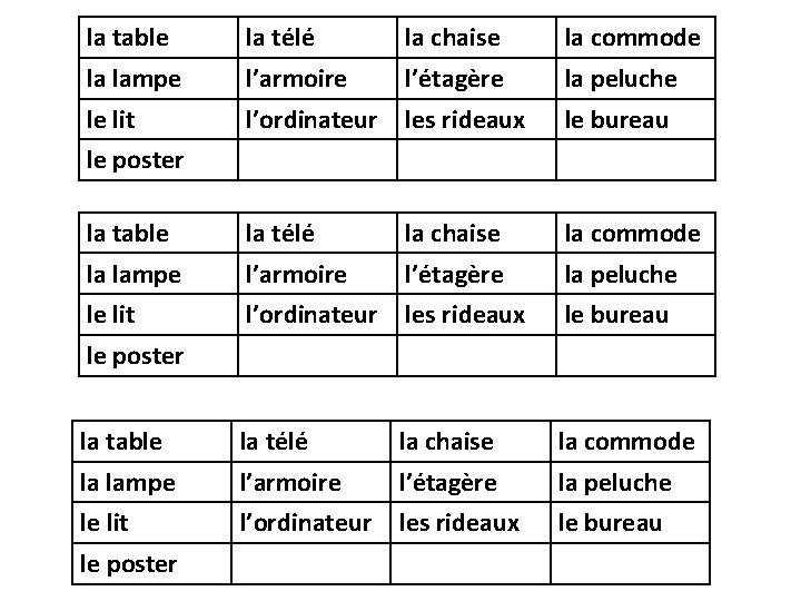 la table la télé la chaise la commode la lampe l’armoire l’étagère la peluche