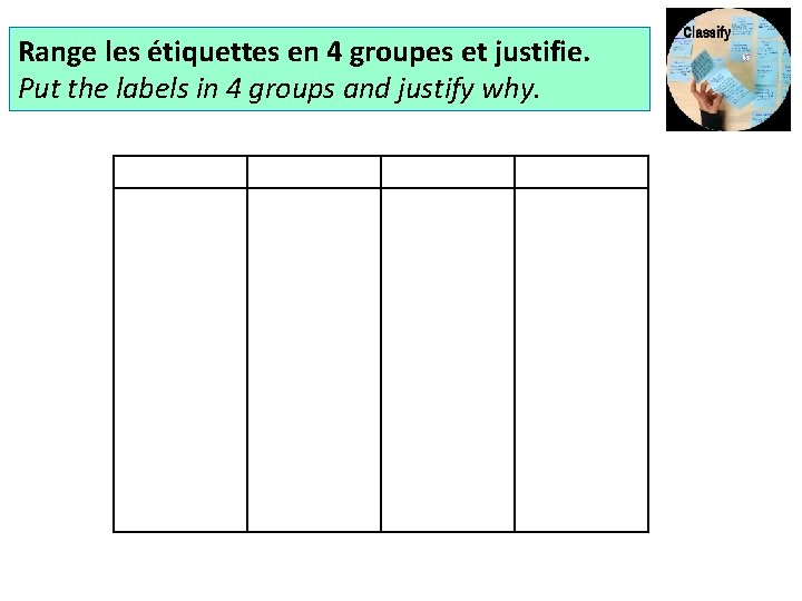 Range les étiquettes en 4 groupes et justifie. Put the labels in 4 groups