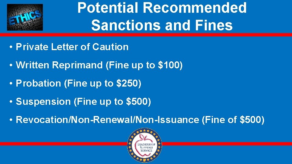 Potential Recommended Sanctions and Fines • Private Letter of Caution • Written Reprimand (Fine