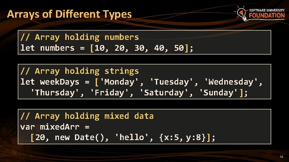 Arrays of Different Types // Array holding numbers let numbers = [10, 20, 30,