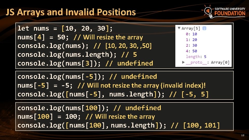 JS Arrays and Invalid Positions let nums = [10, 20, 30]; nums[4] = 50;