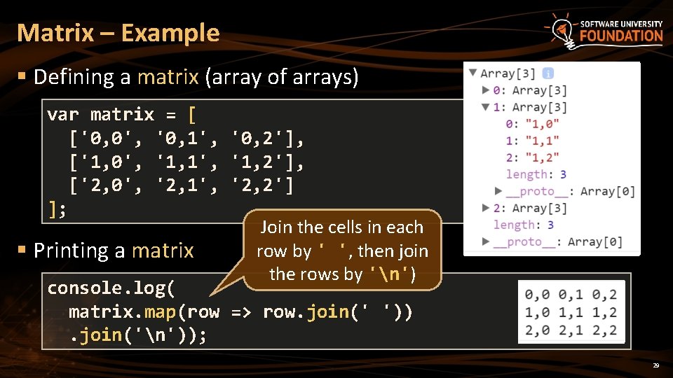 Matrix – Example § Defining a matrix (array of arrays) var matrix = [