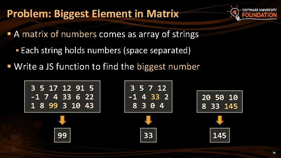 Problem: Biggest Element in Matrix § A matrix of numbers comes as array of