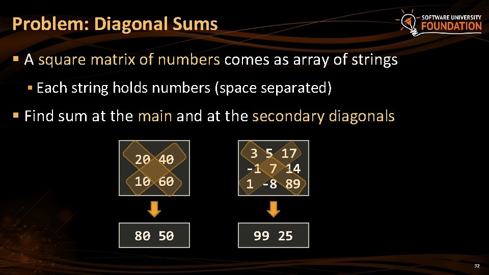 Problem: Diagonal Sums § A square matrix of numbers comes as array of strings