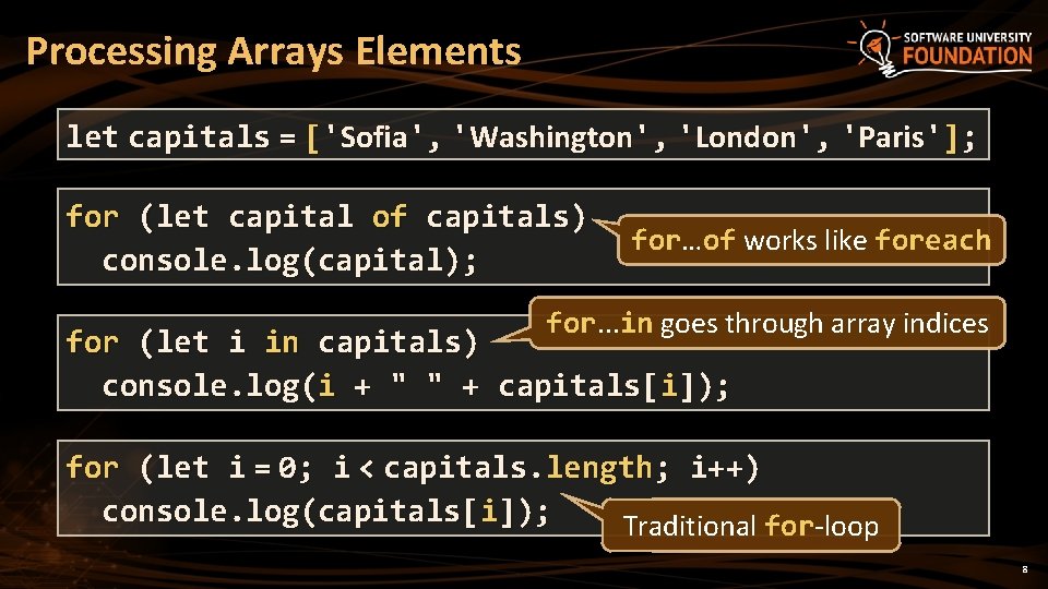 Processing Arrays Elements let capitals = ['Sofia', 'Washington', 'London', 'Paris']; for (let capital of