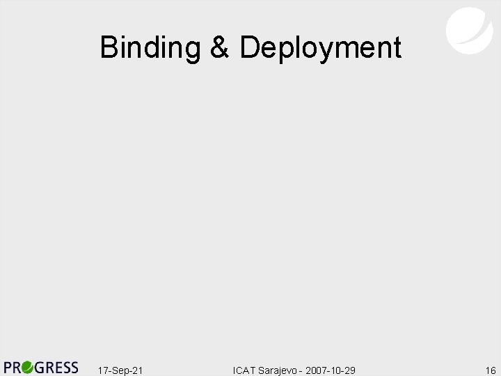 Binding & Deployment 17 -Sep-21 ICAT Sarajevo - 2007 -10 -29 16 