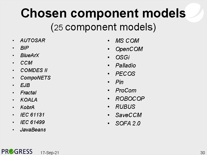 Chosen component models (25 component models) • • • • AUTOSAR BIP Blue. Ar.