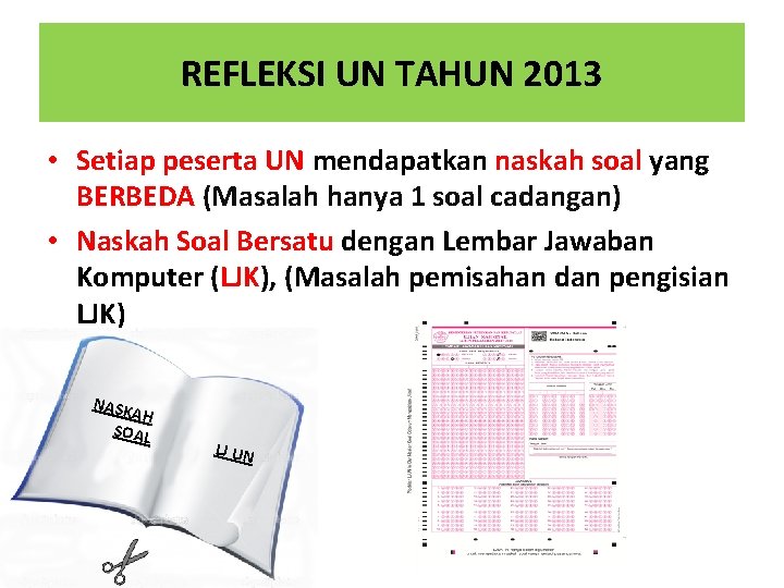 REFLEKSI UN TAHUN 2013 • Setiap peserta UN mendapatkan naskah soal yang BERBEDA (Masalah