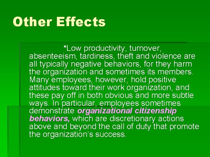 Other Effects *Low productivity, turnover, absenteeism, tardiness, theft and violence are all typically negative