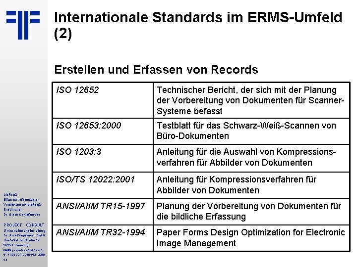 Internationale Standards im ERMS-Umfeld (2) Erstellen und Erfassen von Records Mo. Req 2 Effiziente