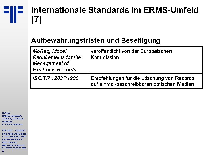 Internationale Standards im ERMS-Umfeld (7) Aufbewahrungsfristen und Beseitigung Mo. Req 2 Effiziente Informations. Verwaltung