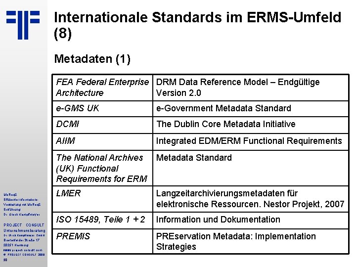 Internationale Standards im ERMS-Umfeld (8) Metadaten (1) FEA Federal Enterprise DRM Data Reference Model