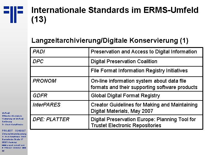 Internationale Standards im ERMS-Umfeld (13) Langzeitarchivierung/Digitale Konservierung (1) PADI Preservation and Access to Digital