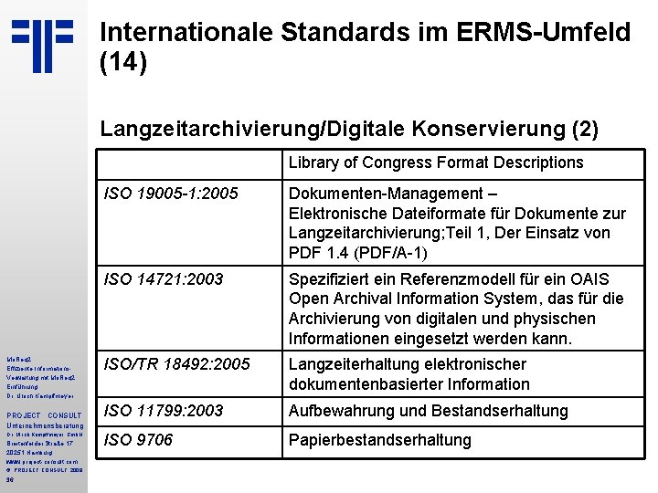 Internationale Standards im ERMS-Umfeld (14) Langzeitarchivierung/Digitale Konservierung (2) Library of Congress Format Descriptions Mo.