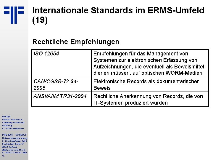Internationale Standards im ERMS-Umfeld (19) Rechtliche Empfehlungen Mo. Req 2 Effiziente Informations. Verwaltung mit