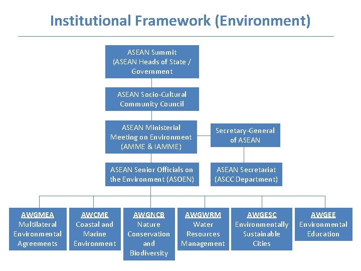 Institutional Framework (Environment) ASEAN Summit (ASEAN Heads of State / Government ASEAN Socio-Cultural Community