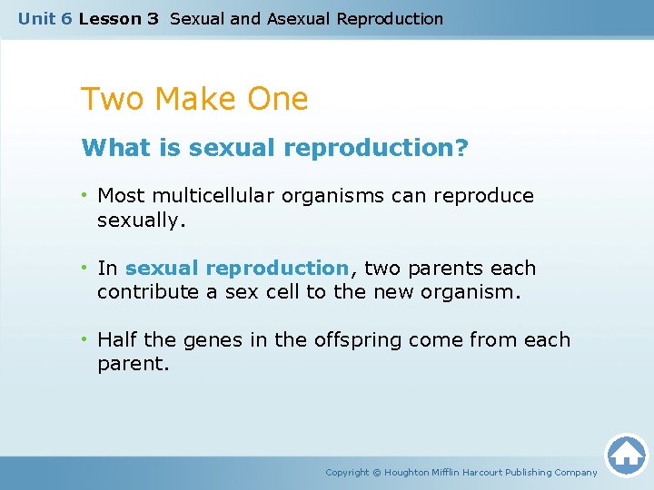 Unit 6 Lesson 3 Sexual and Asexual Reproduction Two Make One What is sexual