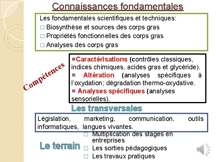 Connaissances fondamentales Les fondamentales scientifiques et techniques: � Biosynthèse et sources des corps gras