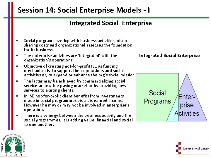 Session 14: Social Enterprise Models - I Integrated Social Enterprise § § § Social