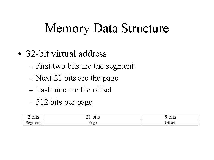 Memory Data Structure • 32 -bit virtual address – First two bits are the