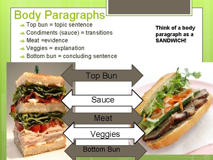 Body Paragraphs Top bun = topic sentence Condiments (sauce) = transitions Meat =evidence Veggies