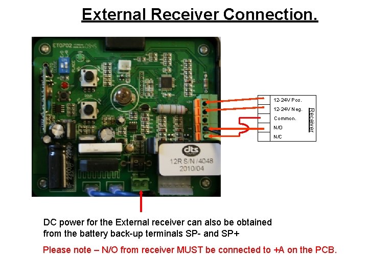 External Receiver Connection. 12 -24 V Pos. Common. N/O Receiver 12 -24 V Neg.