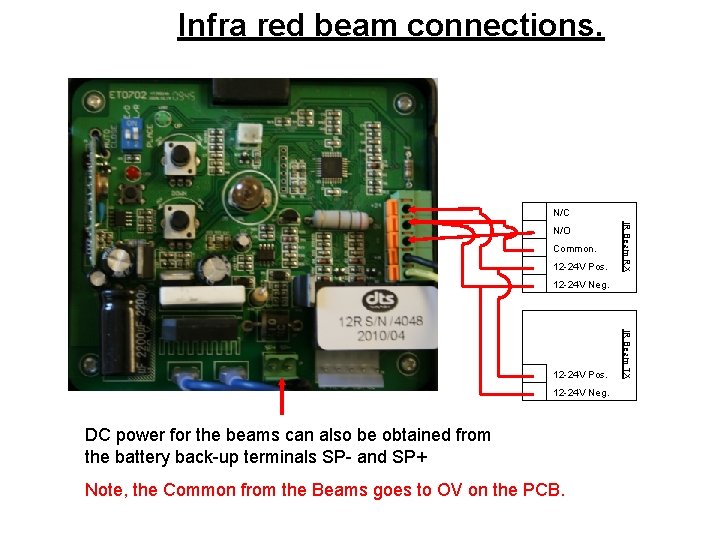 Infra red beam connections. N/C Common. 12 -24 V Pos. IR Beam RX N/O