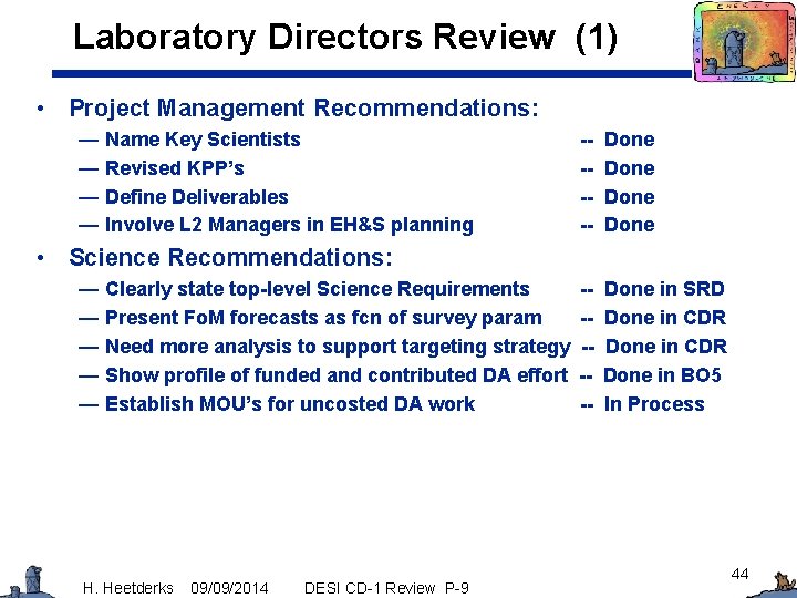 Laboratory Directors Review (1) • Project Management Recommendations: — Name Key Scientists — Revised