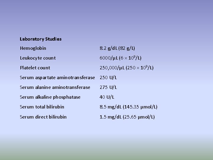 Laboratory Studies Hemoglobin 8. 2 g/d. L (82 g/L) Leukocyte count 6000/μL (6 ×