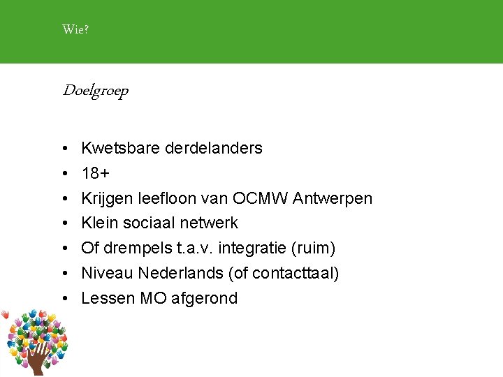 Wie? Doelgroep • • Kwetsbare derdelanders 18+ Krijgen leefloon van OCMW Antwerpen Klein sociaal