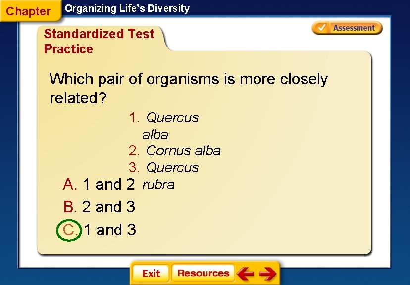 Chapter Organizing Life’s Diversity Standardized Test Practice Which pair of organisms is more closely