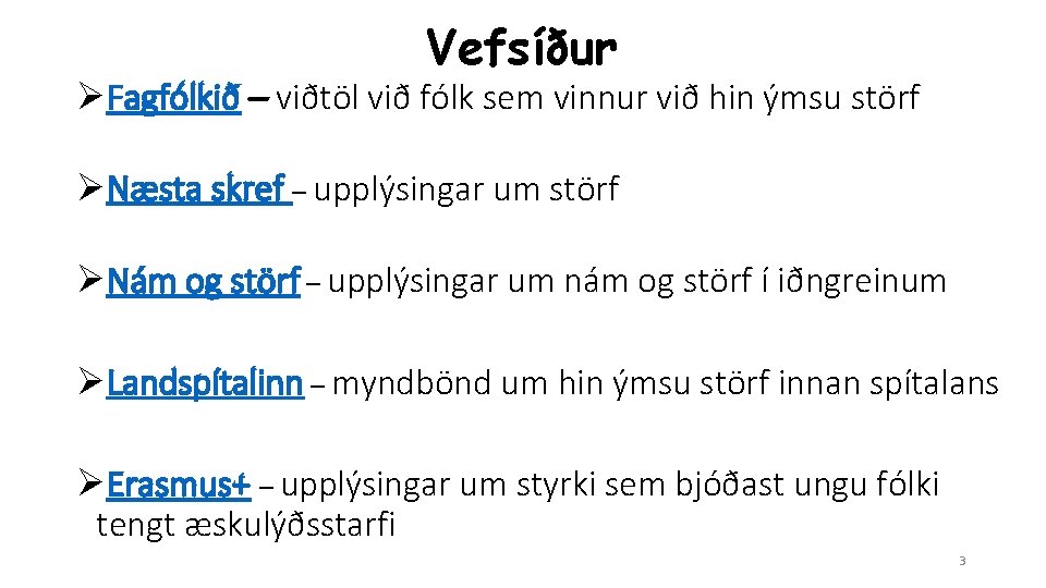 Vefsíður ØFagfólkið – viðtöl við fólk sem vinnur við hin ýmsu störf ØNæsta skref