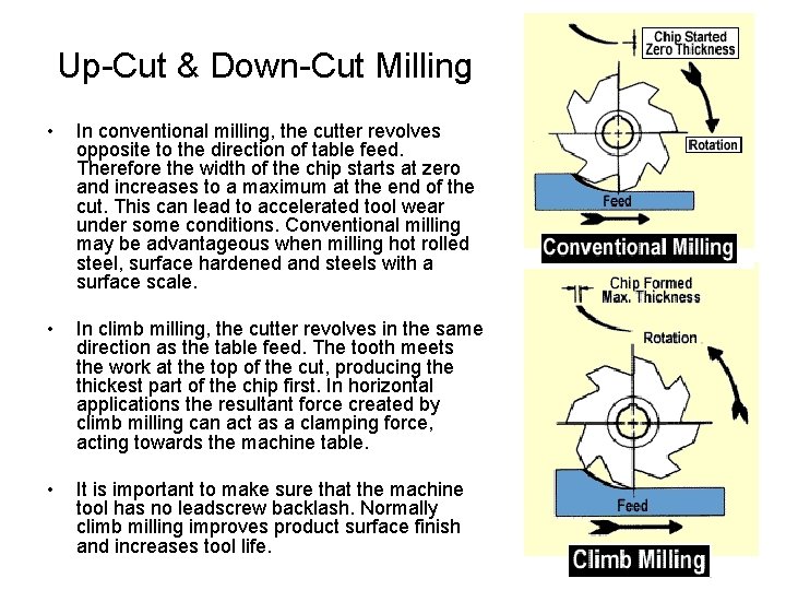 Up-Cut & Down-Cut Milling • In conventional milling, the cutter revolves opposite to the