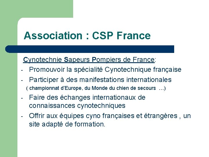 Association : CSP France Cynotechnie Sapeurs Pompiers de France: - Promouvoir la spécialité Cynotechnique