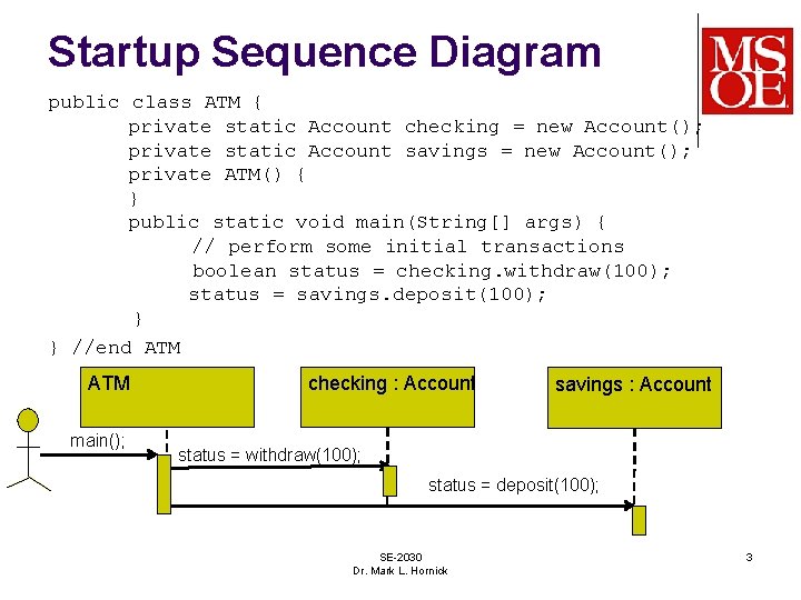 Startup Sequence Diagram public class ATM { private static Account checking = new Account();
