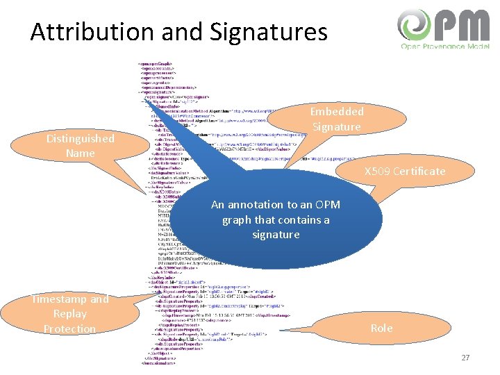 Attribution and Signatures Distinguished Name Embedded Signature X 509 Certificate An annotation to an