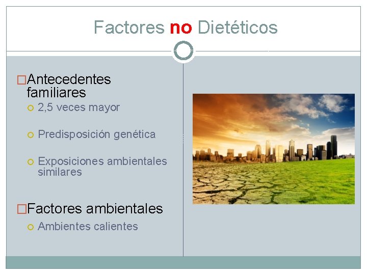 Factores no Dietéticos �Antecedentes familiares 2, 5 veces mayor Predisposición genética Exposiciones ambientales similares