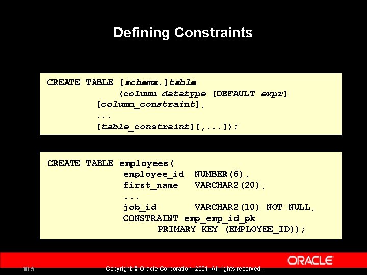 Defining Constraints CREATE TABLE [schema. ]table (column datatype [DEFAULT expr] [column_constraint], . . .